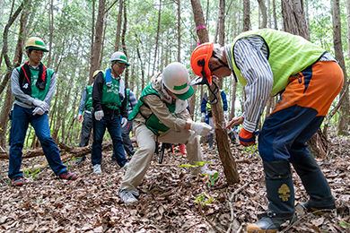 ヘルメットをかぶって間伐作業スタート
