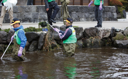 網を使って落ち葉や藻を集めました
