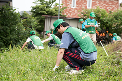 力を合わせて川緑の草刈り
