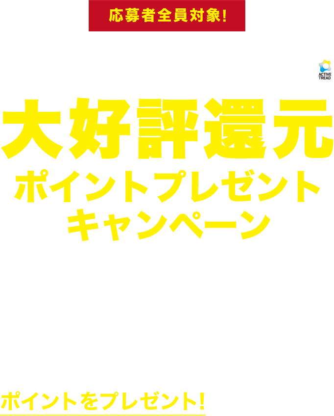 応募者全員対象! SYNCHRO WEATHER 大好評還元ポイントプレゼントキャンペーン 期間中にシンクロウェザー4本ご購入かつ店舗取り付けのお客様全員に、タイヤのインチに応じたポイントをプレゼント!